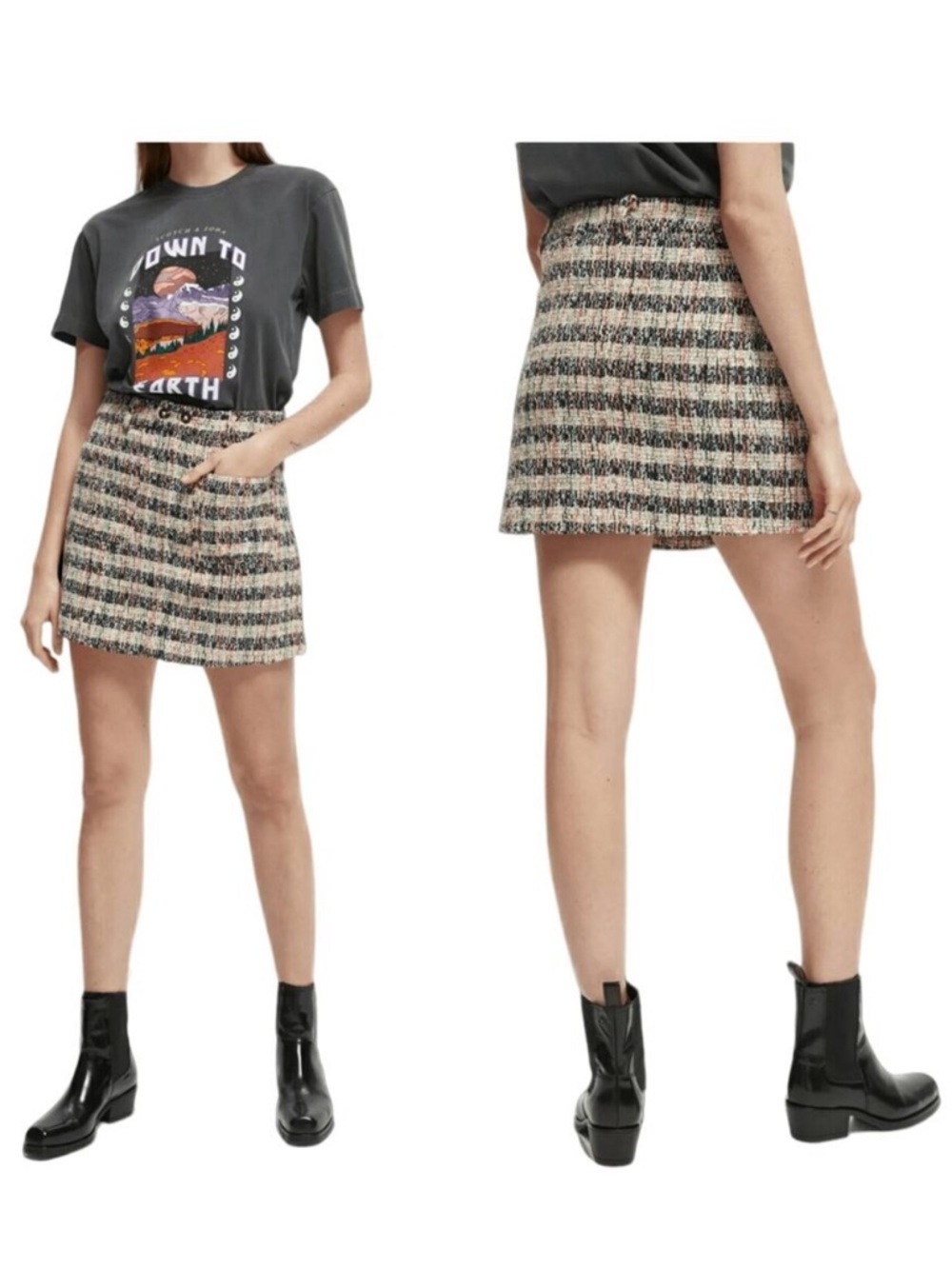 SCOTCH & SODA Plaid Tweed Mini Skirt High Waisted Multicolor Preppy Pockets L